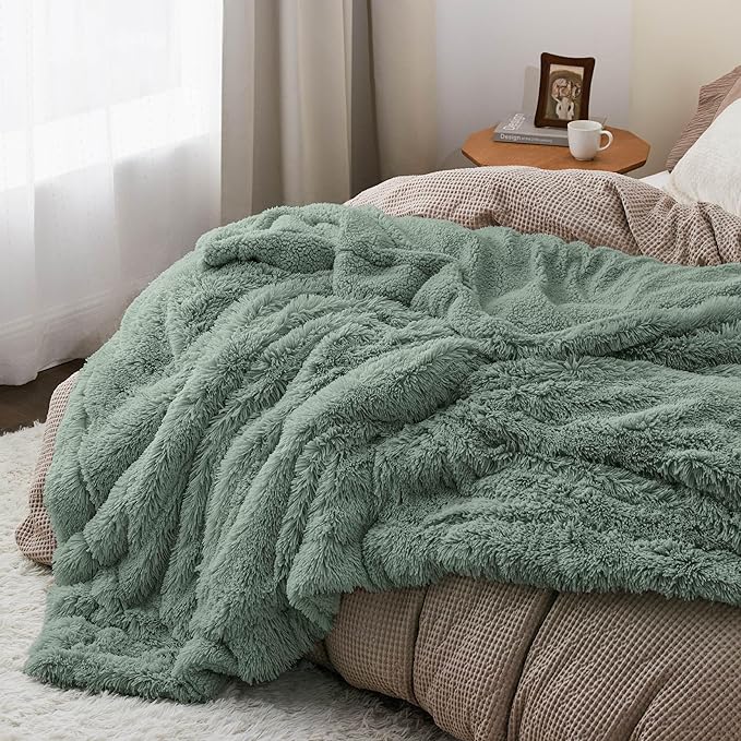 Bedsure GentleSoft Fluffy Sage Green Blankets Queen Size for Bed, Thick Sherpa Faux Fur Fleece Fuzzy Plush Winter Warm Soft Queen Blankets, Bedroom Decor Sage Green Cozy Gifts for Women Men, 90x90-Ruum Studio Home