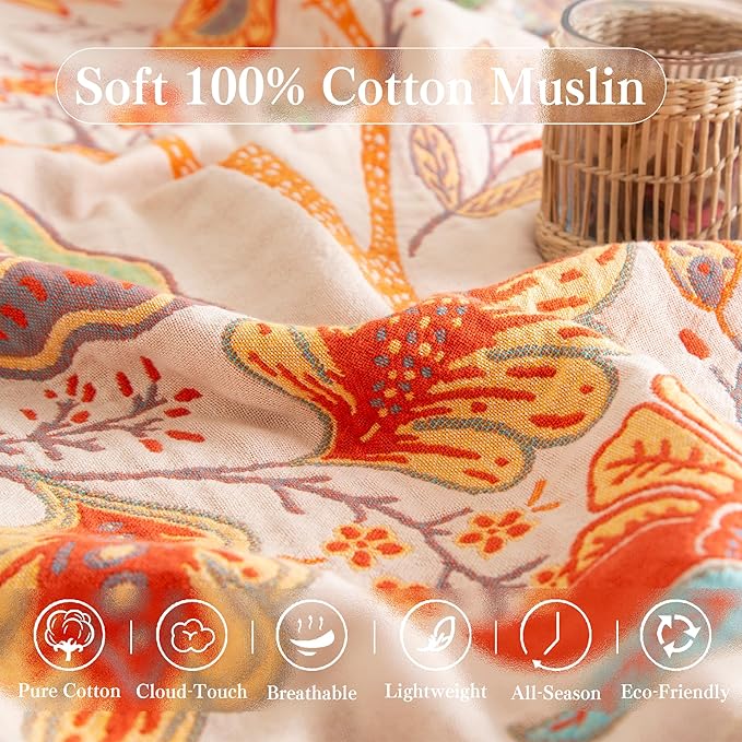 Boho Throw Blanket Twin Size, Soft Cozy Cotton Muslin Quilt Blanket for Bed Decor, Floral Patterned Couch Sofa Chair Cover, Vintage Farmhouse Cottage Tapestry Woven Blanket, Coral&Green-Ruum Studio Home