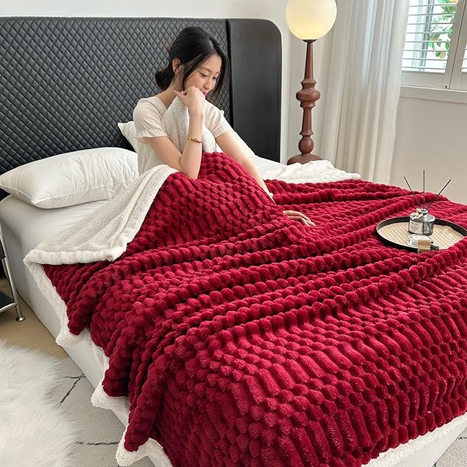 UKELER Sherpa Throw Blanket 60 × 80 inch, 470 GSM Striped Sherpa Fleece Blanket for All Season, Warm and Cozy Blankets for Couch Sofa Bed Office Camping, Red-Ruum Studio Home