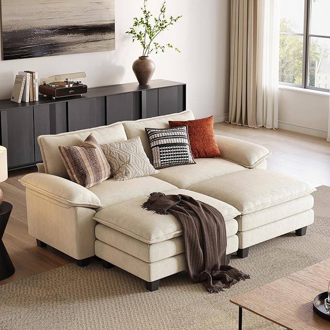 LINSY HOME Sectional Sleeper Sofa - 90'' Modular Cloud Couch Oversized Corduroy Sofa Bed with Movable Ottoman Soft Modern Comfy Couch Set for Living Room Apartment Office, Beige-Ruum Studio Home