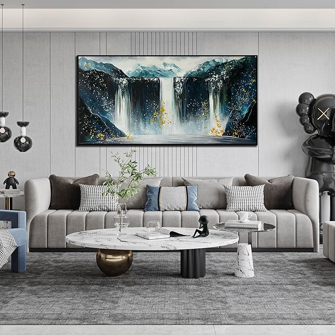 Waterfall Hand Painted Wall Art for Living Room - Mountains Wall Art for Office Decor - Landscape Big Wall Art for Living Room Size 29" x 59"-Ruum Studio Home