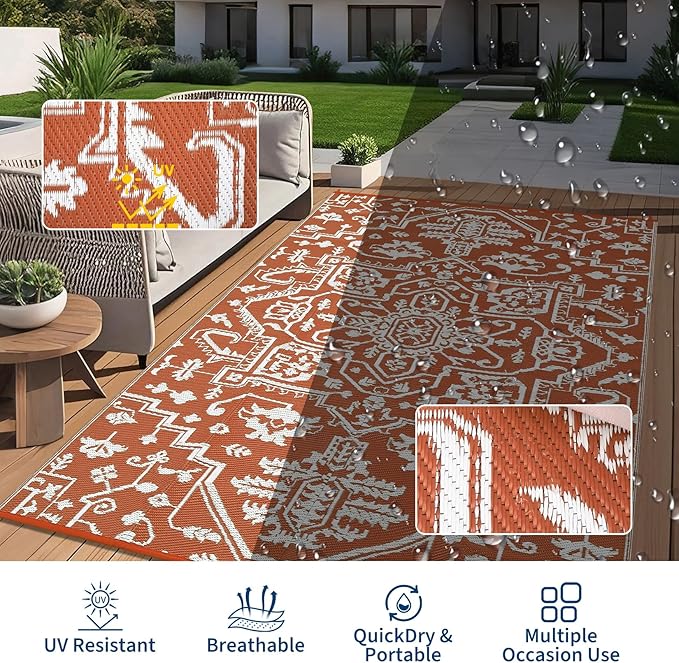 Outdoor Rug 8x10 Waterproof Reversible Plastic Straw Mat, UV-Resistant Vintage Medallion Camping Carpet for Patio, Deck, Balcony, Picnic, Large Outside Floor Mat, Vintage Terracotta Brick/White-Ruum Studio Home