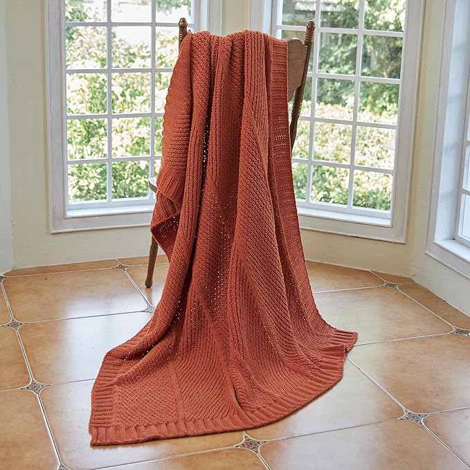 Amélie Home Chenille Knit Throw Blanket for Couch, Chevron Texture Decorative Soft Blanket for Sofa, Bed & Chair, 50"x60", Burnt Orange-Ruum Studio Home