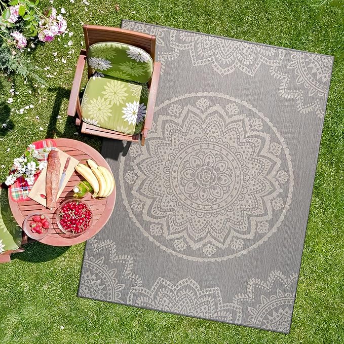 CAMILSON Outdoor Rug 10x14 Modern Area Rugs for Large Indoor and Outdoor Patios and Porches - Waterproof Washable Non-Shedding Easy-to-Clean Outside Carpet (10 x 14, Medallion - Grey/White)-Ruum Studio Home