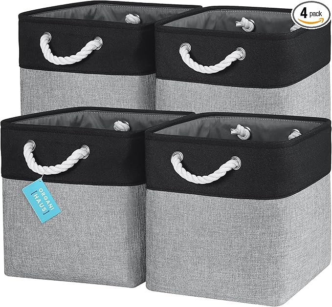 OrganiHaus 12x12 Cube Storage Bins 4 Pack, Foldable Cube Storage Organizer w/ Rope Handles, Collapsible Fabric Bins for Toys, Clothes & Closet Organization, Fabric Square Baskets - Gray/Black-Ruum Studio Home