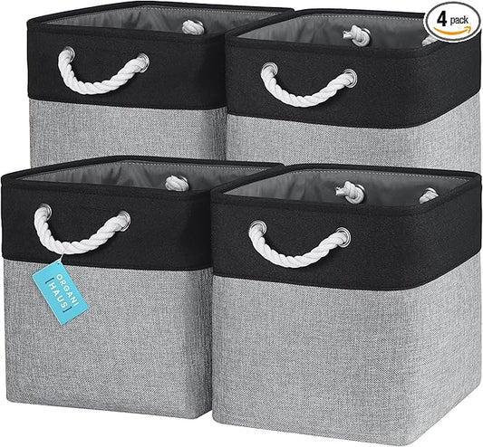 OrganiHaus 12x12 Cube Storage Bins 4 Pack, Foldable Cube Storage Organizer w/ Rope Handles, Collapsible Fabric Bins for Toys, Clothes & Closet Organization, Fabric Square Baskets - Gray/Black-Ruum Studio Home