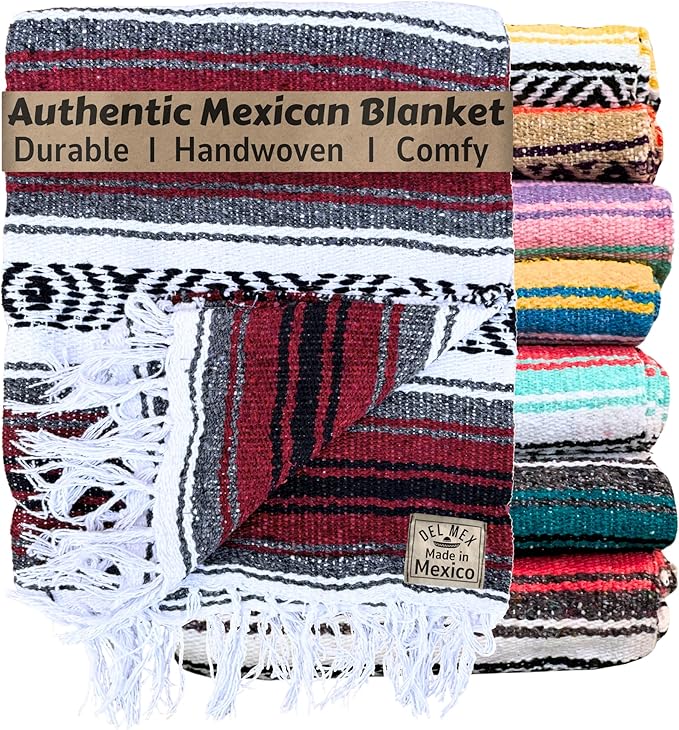 Del Mex Classic Mexican Blanket, Large Authentic Woven Falsa Throw (70"x50"), Artisan Southwest Décor for Beach, Yoga, Outdoors (Burgundy)-Ruum Studio Home