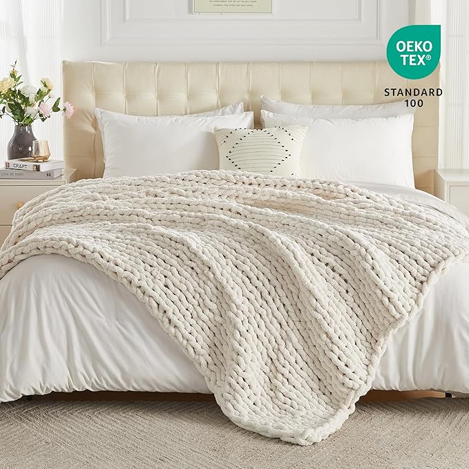 Carriediosa Chunky Knit Throw Blanket 60" X 80" Twin, 100% Hand Made Large Chenille Loop Yarn Soft Fluffy Throws for Couch Sofa Bed, Big Crochet Cozy Heavy Thick Cable Woven Blankets, Cream White-Ruum Studio Home