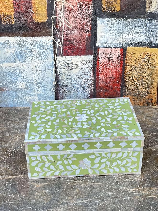 Decorative Storage Box Of Mother Of Pearl Inlay Floral Design Wooden Storage Box For Home Decoration For Living Dining & Bedroom (Olive Green_12x8x5 inch)-Ruum Studio Home