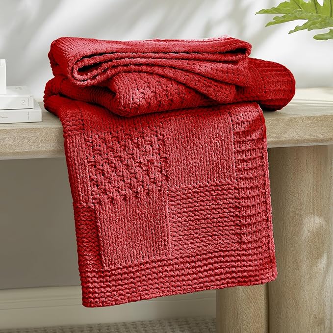 Amélie Home Chenille Knit Throw Blanket for Couch, Checkered Texture Decorative Soft Blanket for Sofa, Bed & Living Room, 50"x60", Red-Ruum Studio Home