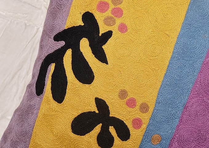 Matisse Gold Pillow Cover Purple Modern Pillowscase Chair Cushion Abstract Farmhouse Flower Outdoor Mid Century Hand Embroidered Wool Size 18x18-Ruum Studio Home