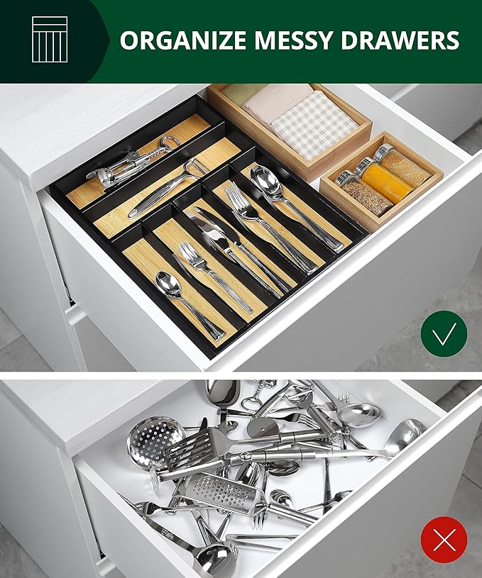 ROYAL CRAFT WOOD Luxury Bamboo Kitchen Drawer Organizer - Silverware Organizer - Utensil Holder and Cutlery Tray with Grooved Drawer Dividers for Flatware and Kitchen Utensils (7 Slot)-Ruum Studio Home