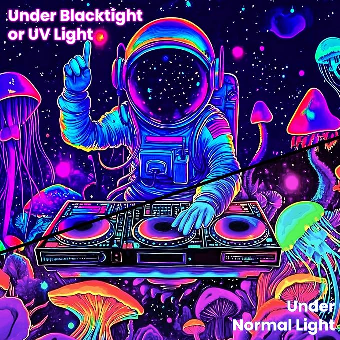 BVBOX Astronaut Space Blacklight Tapestry 79"x59", UV Reactive Astronaut DJ Universe Galaxy Planet Glow in Dark Music Tapestries, Black Light Neon Upright Poster Wall Hanging Backdrop Decor for Bedroom Living Room-Ruum Studio Home