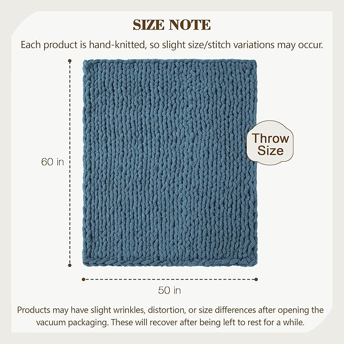 Carriediosa Chunky Knit Throw Blanket 50" X 60", 100% Hand Made Large Chenille Loop Yarn Soft Fluffy Throws for Couch Sofa Bed, Big Crochet Cozy Heavy Thick Cable Woven Blankets, Lyons Blue-Ruum Studio Home