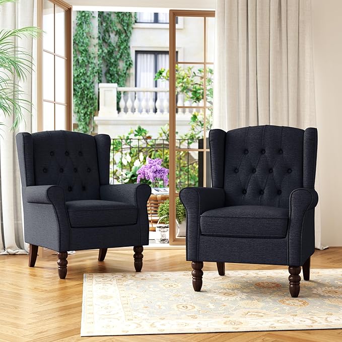 Accent Chair, Upholstered Armchair with Button Tufted High Back & Solid Wood Legs, Comfy Wingback Reading Single Sofa Chair for Small Spaces, Living Room, Bedroom (Blue, Set of 2)-Ruum Studio Home
