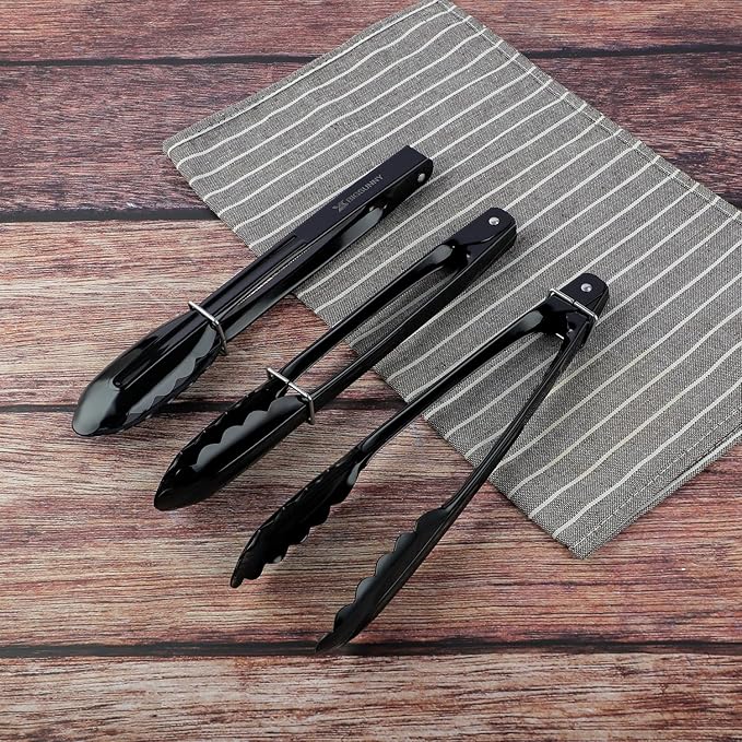 MSY BIGSUNNY 9 Inch Kitchen Food Tongs, Buffet Tongs, Serving Tongs, Black Aluminum Tongs - Set of 3-Ruum Studio Home