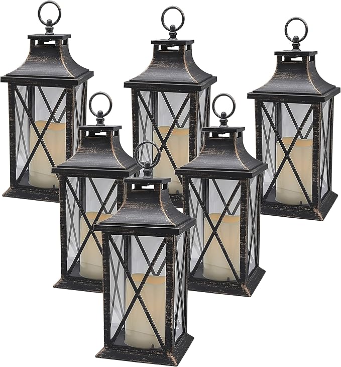 YAKii 14" Decorative Candle Lantern LED Flameless Candle Timer, Plastic LED Candle & Holder, Indoor & Outdoor Hanging Lights,Christmas Day Decoration Pack of 6 (Antique Copper Brushed)-Ruum Studio Home