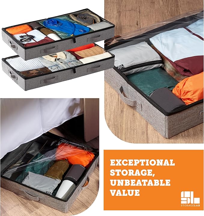 storageLAB Under Bed Storage Containers, Low Profile Underbed Organizers with Sturdy Handles, Dual Zippers, and Clear Windows, Ideal for Clothes, Pillows, and Blankets - 2 Pack, Low Profile, Gray-Ruum Studio Home