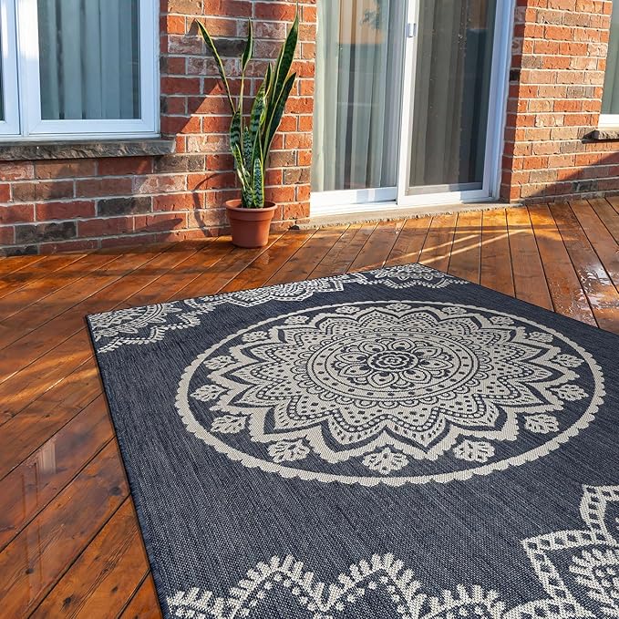 CAMILSON Outdoor Rug 10x14 Modern Area Rugs for Large Indoor and Outdoor Patios and Porches - Waterproof Washable Non-Shedding Easy-to-Clean Outside Carpet (10 x 14, Medallion - Blue/White)-Ruum Studio Home