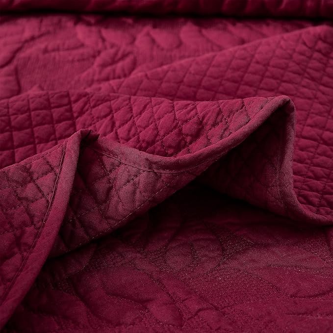 MarCielo 3-Piece 100% Cotton Oversized Bedspread Lightweight Quilt Coverlet Embroidery Farmhouse Bedding Set T0 (Wine Burgundy, Oversized Queen (100"x106"))-Ruum Studio Home
