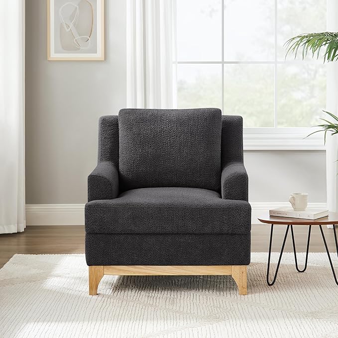 Oversized Accent Chair, Modern Boucle Armchair with Wood Legs, Modern Reading Chair with Thick Cushion, Comfy Chairs for Living Rooms, Bedrooms, Reading nooks and Apartments-Ruum Studio Home