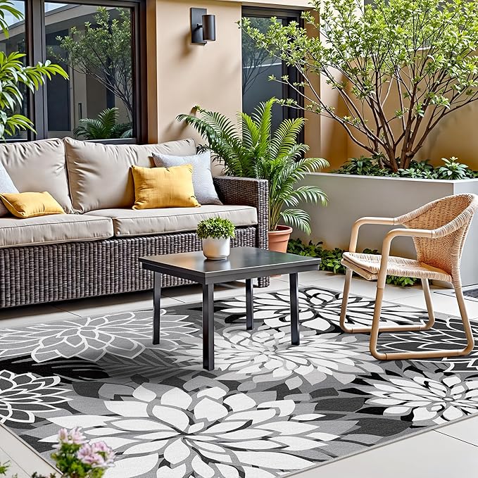 Indoor Outdoor Area Rug Washable Multicolored Rug Tropical Botanical Modern Floral Indoor Outdoor Carpet Black White Rug Non Slip Non Shedding for Patio, Deck, Backyard, Porch (6x9)-Ruum Studio Home