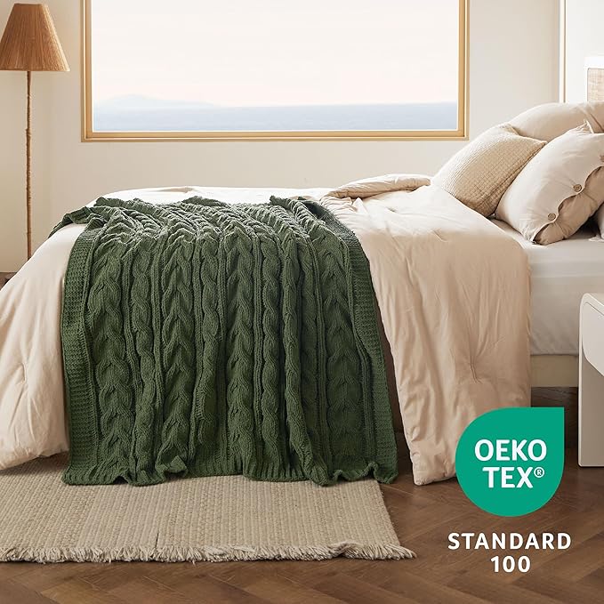 Bedsure Cable Knit Twin Blanket for Couch Bed - Breathable Chenille Chunky Knit Twin Blanket for Decorative Gift, GentleSoft Cozy and Warm for Winter and All Seasons, Green, 60x80 Inches-Ruum Studio Home