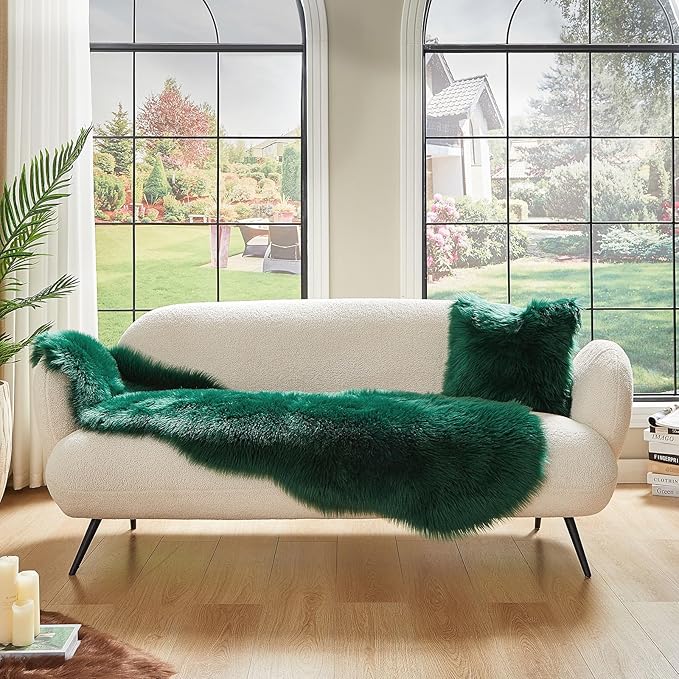 AMTOVO Faux Sheepskin Rug, Dark Green Ultra Soft Fluffy Shag Area Rug, 2 x 6 ft Faux Fur Rug for Bedroom Sofa Throw Cushion Room Decor, Sheepskin-Ruum Studio Home