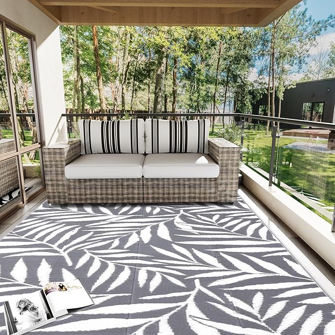 OLANLY Waterproof Outdoor Rug 6x9 ft, Reversible Outdoor Plastic Straw Rug with Leaf Pattern, RV Mat, Indoor Outdoor Carpet for Patio, Camping, Balcony, Deck, Backyard, Grey & White-Ruum Studio Home