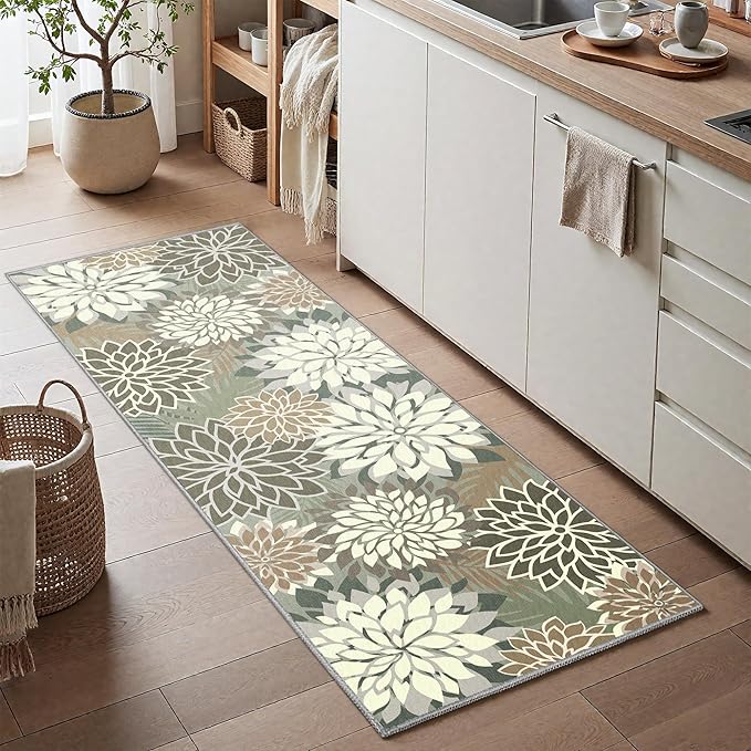 Area Rug 2x6 Brown White Washable Entry Rug Multicolored Tropical Botanical Modern Floral Indoor Kitchen Door Mat Entrance Carpet Non Slip for Bedroom Living Room, Porch-Ruum Studio Home