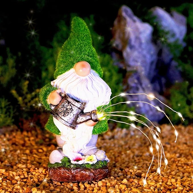 Flocked Solar Garden Gnomes Outdoor Statues-11.8‘’Outdoor Garden Decor-LED Outdoor Decor Light-Unique Housewarming Gifts Yard Art Sculptures for Patio Lawn Ornaments-Ruum Studio Home