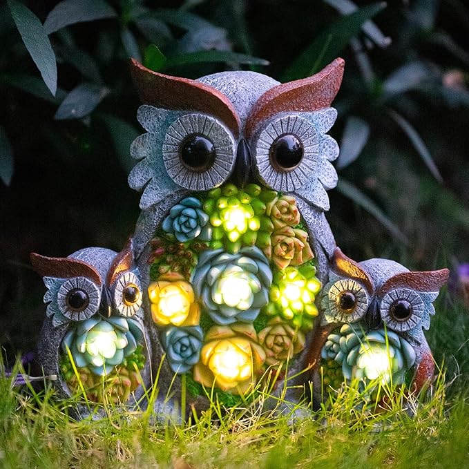 Solar Garden Statue Lights Owl Figurine with LED Lights, Outdoor Garden Succulent Ornaments, Mothers Day Mom Gifts for Outside Patio Yard Lawn Decor-Ruum Studio Home