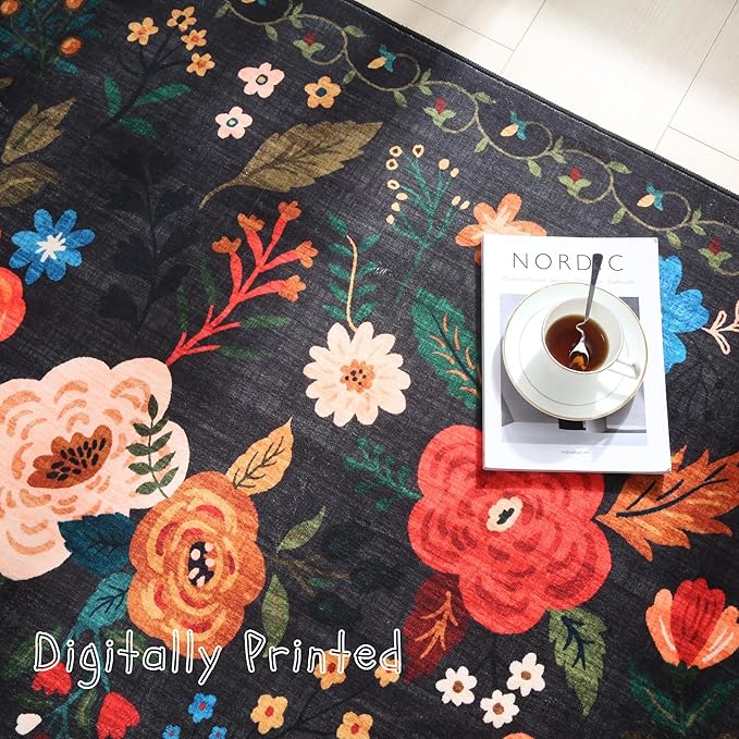 Area Rug 4x6 Rug Washable Boho Rugs Non Slip Low Pile Floral Small Carpet for Bedroom, Bedside, Kids Room, Office, Dining Room(Black)-Ruum Studio Home