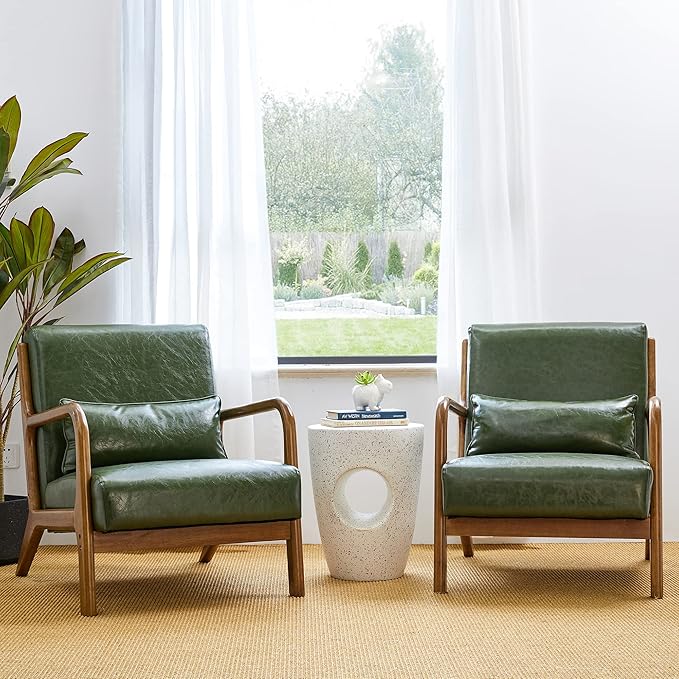 Glitzhome 2 Set Mid Century Hunter Green Accent Armchair, Single Reading Armchair PU Leather Lounge Chair with Walnut Ruberwood Frame-Ruum Studio Home