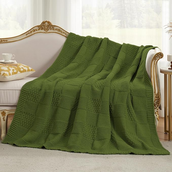 Amélie Home Chenille Knit Throw Blanket for Couch, Checkered Texture Decorative Soft Blanket for Sofa, Bed & Living Room, 50"x60", Olive Green-Ruum Studio Home