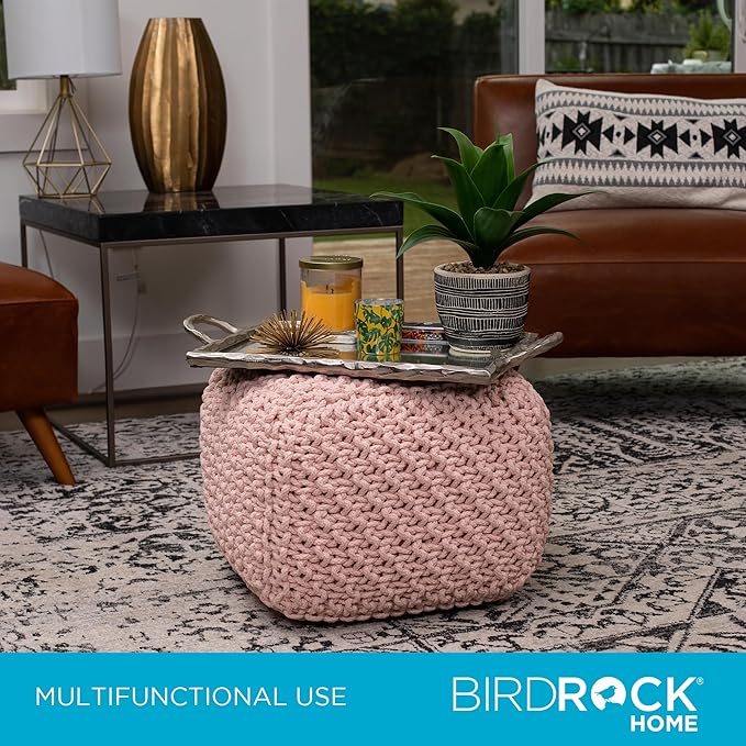 BIRDROCK HOME Square Pouf Ottoman | Cotton Braided Foot Stool with Bean Bag Filling | Boho Foot Rest for Living Room, Bedroom | Compact & Comfortable Seating, Lightweight & Sturdy | Dusty Rose-Ruum Studio Home