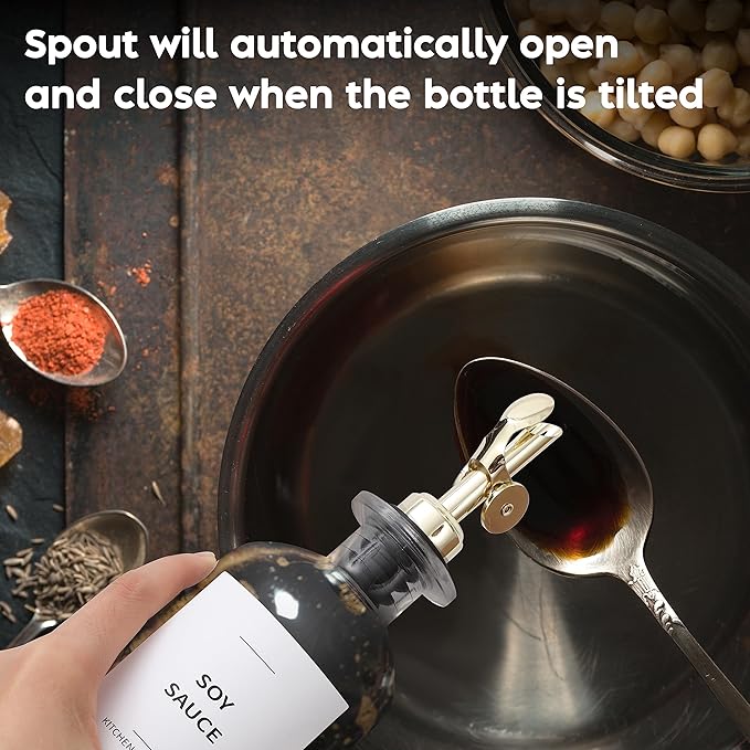 Olive Oil Dispenser Bottle - Includes 55 Kitchen Essential Labels - Cooking Oil Bottles for Kitchen, Coffee Syrup Dispenser - Pourer Spout with 16.9 fl oz Glass Container Cruet - 2pcs, Gold-Ruum Studio Home