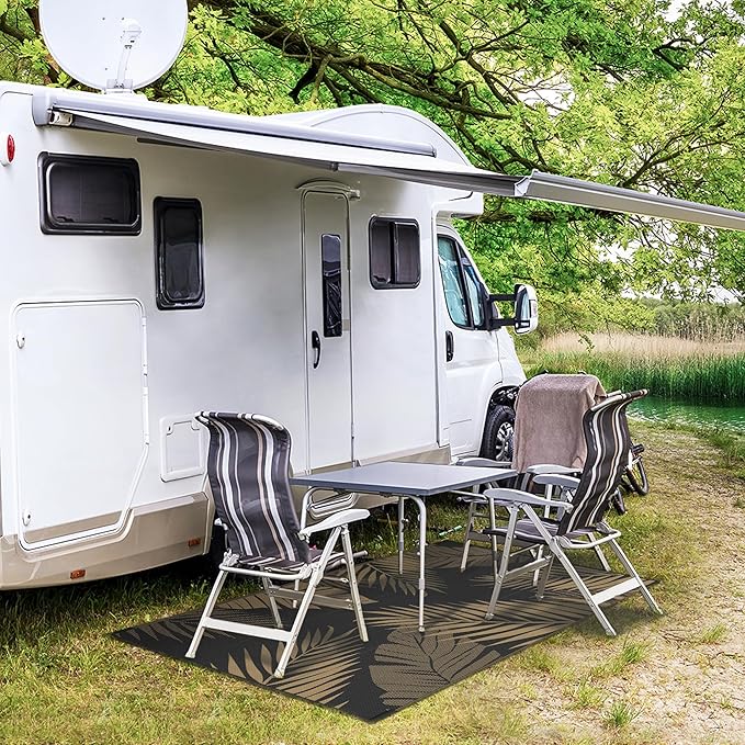 GENIMO Outdoor Rug 3' x 5' Waterproof for Patios Clearance, Reversible Outdoor Plastic Straw Camping Rug Carpet, Large Area Rugs Mats for RV, Camper, Deck, Balcony, Porch, Beach, Picnic, Black&Brown-Ruum Studio Home