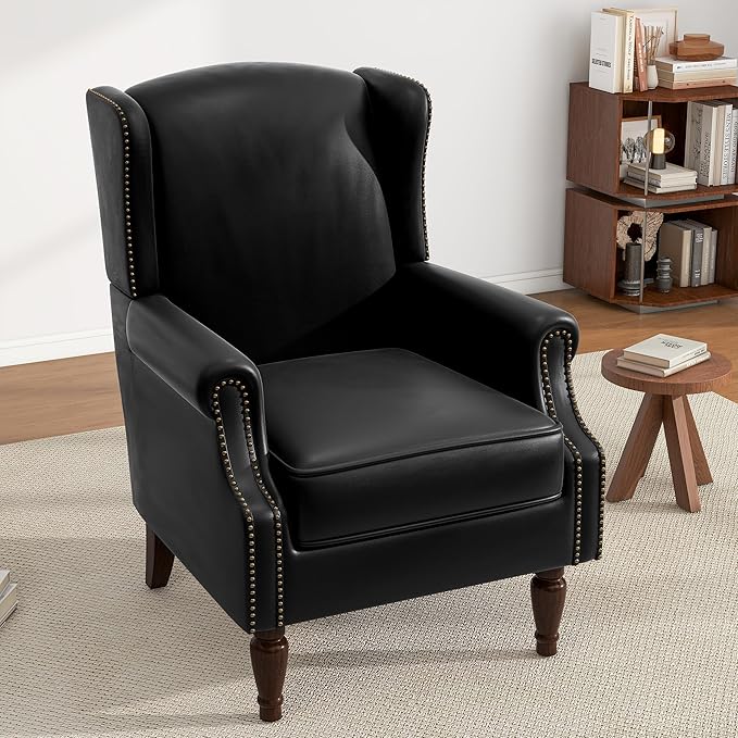 UIXE Faux Leather High Back Accent Chairs Set of 2, Upholstered Armchair for Living Room, Retro Wingback Arm Chair Nailhead Trim Single Sofa Bedroom Reading Seat with Solid Wood Legs - Black-Ruum Studio Home