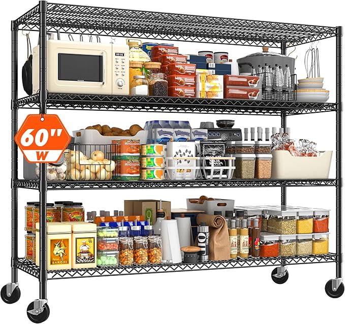 REIBII 60" W ×24" D×65.3" H, 4 Tier Wire Shelving 2878LBS Heavy Duty Steel Storage Rack Shelving Adjustable Shelves for Warehouses, Garages, Kitchens, and Commercial Spaces/Premium Wheels 2 Pack-Ruum Studio Home