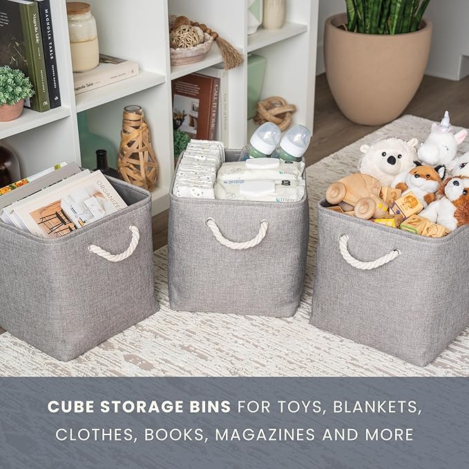 OrganiHaus 11x11 Cube Storage Bins 4 Pack, Foldable Cube Storage Organizer w/ Rope Handles, Collapsible Fabric Bins for Toys, Clothes & Closet Organization, Fabric Square Baskets - Gray-Ruum Studio Home