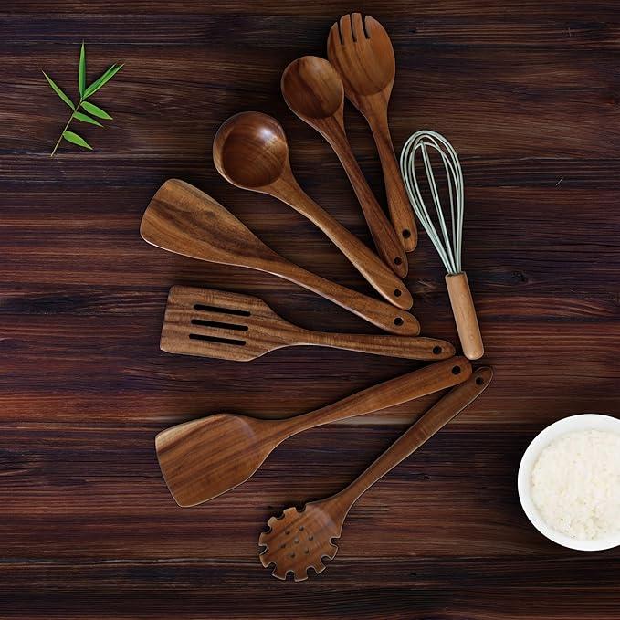 Wooden Kitchen Utensils Set, Teak Wood Cooking Spoons for Non-Stick Pans, 8 Pieces-Ruum Studio Home