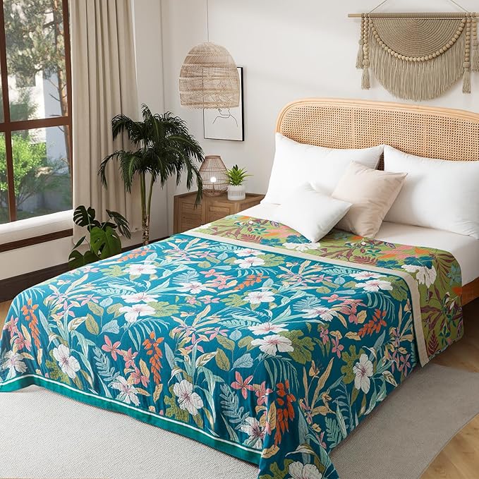 Boho Throw Blanket Twin Size, Soft Cozy Cotton Muslin Quilt Blanket for Bed Decor, Floral Patterned Couch Sofa Chair Cover, Vintage Farmhouse Cottage Tapestry Woven Blanket, Teal&Green-Ruum Studio Home