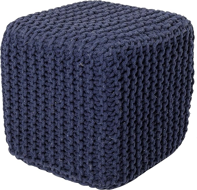 REDEARTH Square Hand Knitted Pouf - Foot Stool Ottoman Coffee Table - Cotton Cord Boho Pouffe - Poof Accent Footrest for Living Room - Bedroom - Library (16" x 16" x 16") - Navy Blue-Ruum Studio Home