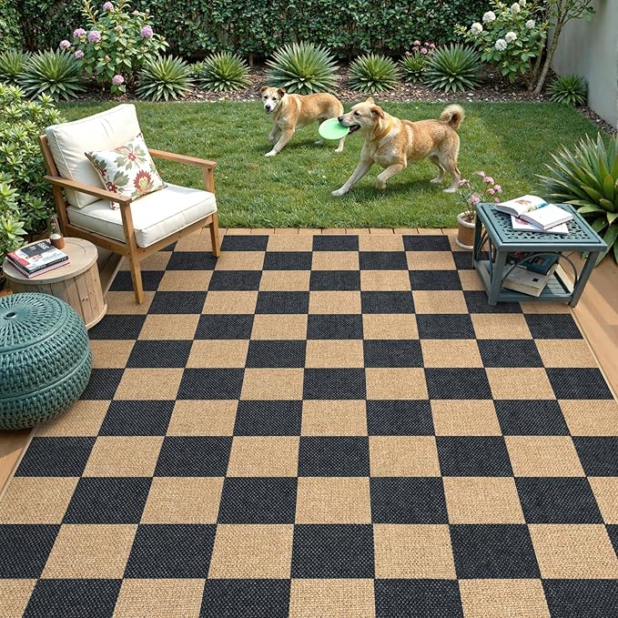 Lahome Checkered Easy Jute Area Rug, 5x7 Outdoor Patio Rug Washable Carpet for Living Room Checkerboard Indoor Outdoor Carpet, Farmhouse Geometric Non Slip Black Mat for Backyard Dining Room-Ruum Studio Home