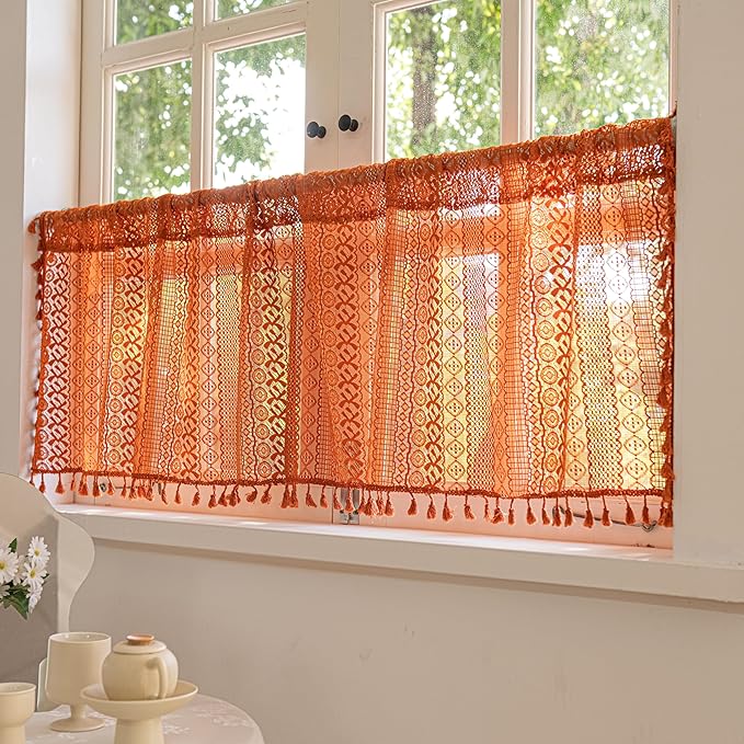 Sutuo Home Boho Valance Short Curtains for Kitchen Crochet Lace Sheer Bohemian Hollow Knitted with Tassels, Privacy Vintage Rustic Farmhouse Drapes, Rod Pocket 1 Panel 59" W x 18" L, Orange-Ruum Studio Home