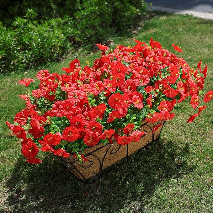 Artificial Flowers for Outdoors Fake Plants Outside Decoration, 12 Bundles Silk Red Morning Glory UV Resistant Look Real Faux Flowers for Planter Front Door Porch Patio Yard Gardens Balcony-Ruum Studio Home