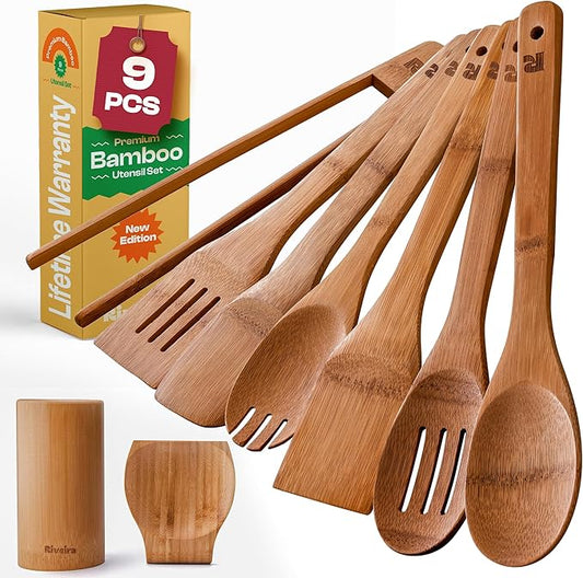 Riveira Dark Bamboo Wooden Spoons for Cooking 9-Piece with Holder, Apartment Essentials Wood Spatula Spoon Nonstick Kitchen Utensil Set Premium Quality Housewarming Gifts for Everyday Use-Ruum Studio Home