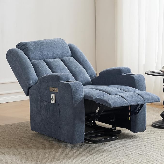 Power Lift Recliner Chair for Elderly with Massage and Heat, Recliner Chairs for Adults, Upgraded Fabric Reclining Sofa Chair with USB & Type-C Ports and Side Pockets, L1188 (Blue)-Ruum Studio Home
