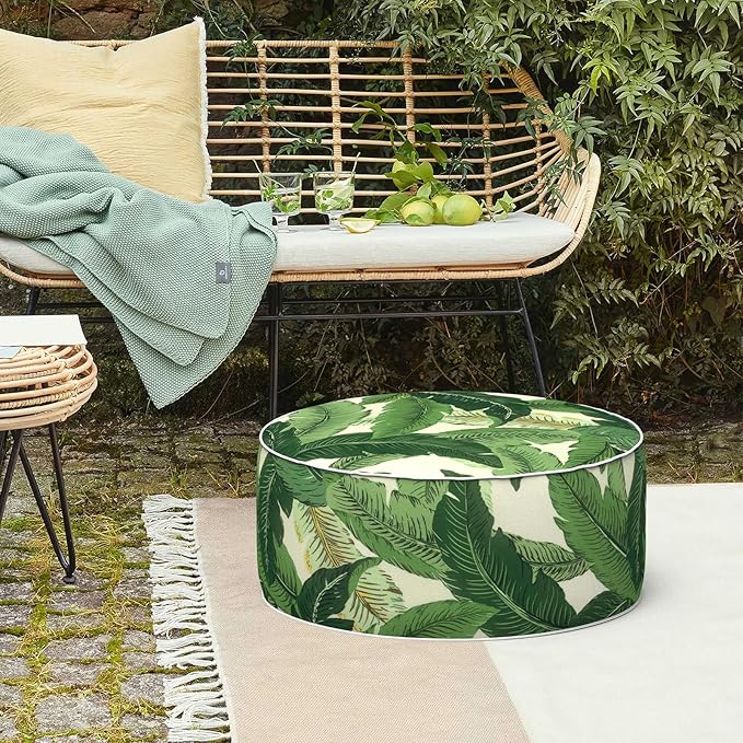 LVTXIII Outdoor/Indoor Round Inflatable Ottoman, All Weather Patio Footstool, Portable Footrest Seat for Patio Garden, Camping or Home, 21"x21"x9", Swaying Palms Green-Ruum Studio Home